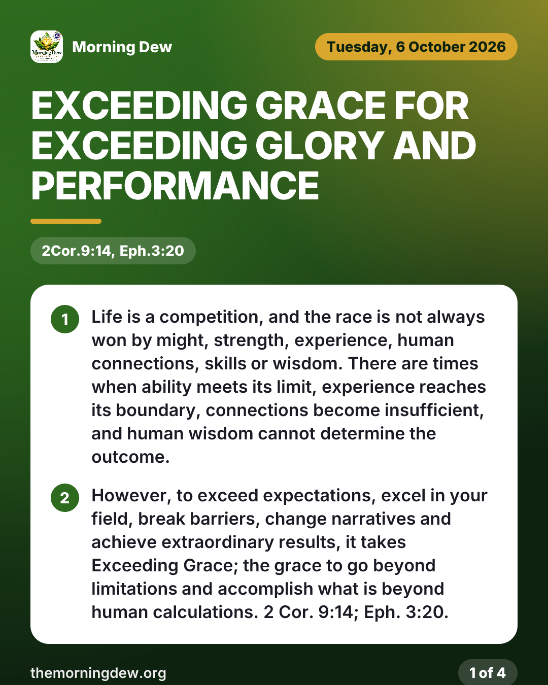 EXCEEDING GRACE FOR EXCEEDING GLORY AND PERFORMANCE, picture 1 of 4