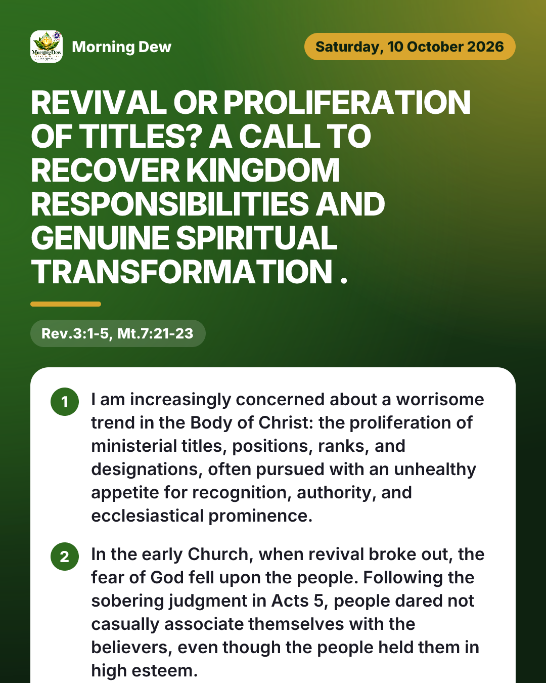 REVIVAL OR PROLIFERATION OF TITLES? A Call to Recover Kingdom Responsibilities and Genuine Spiritual Transformation ., picture 1 of 4