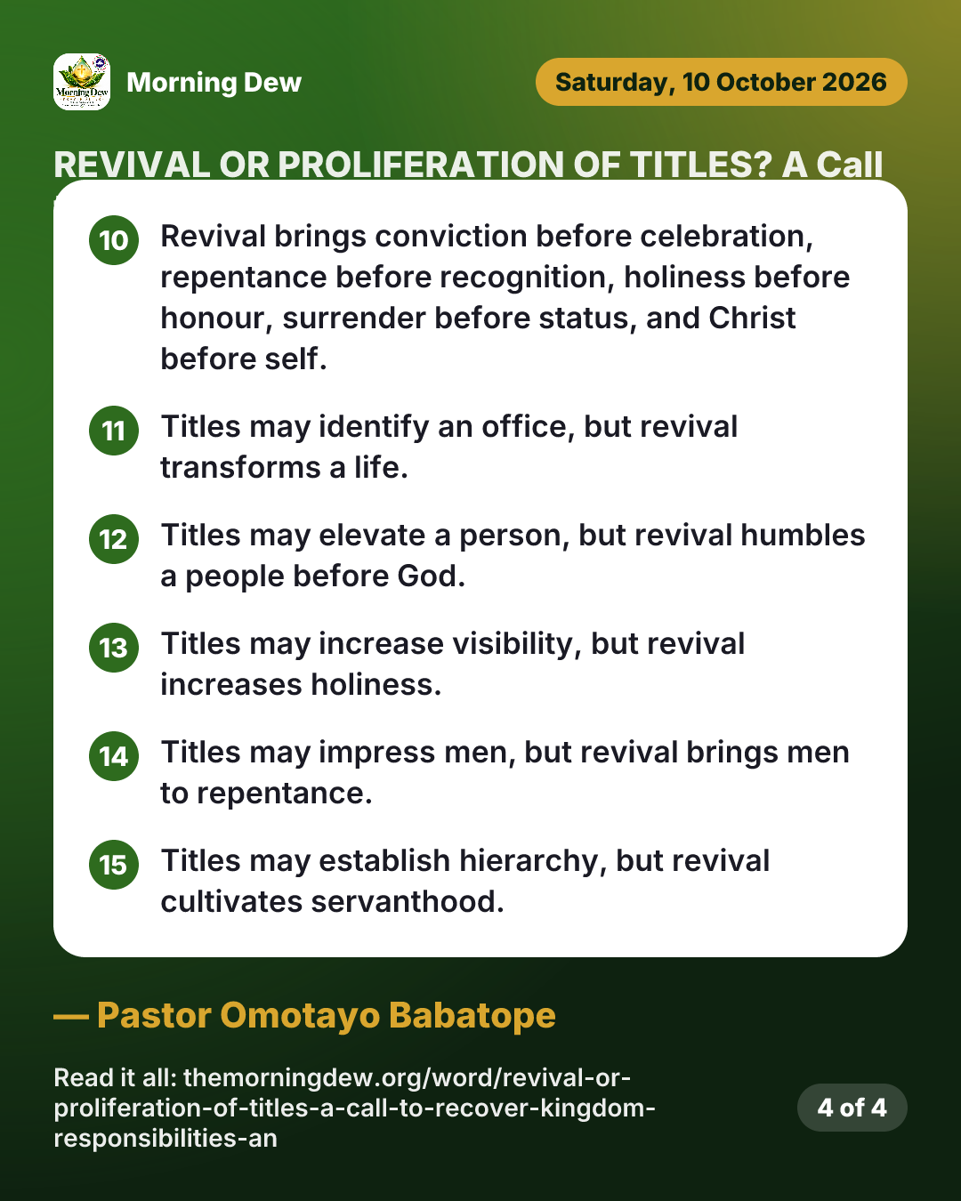 REVIVAL OR PROLIFERATION OF TITLES? A Call to Recover Kingdom Responsibilities and Genuine Spiritual Transformation ., picture 4 of 4