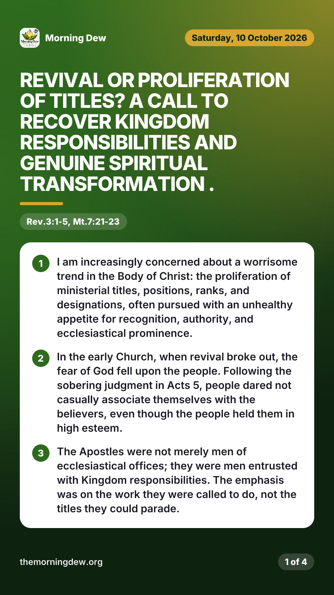 REVIVAL OR PROLIFERATION OF TITLES? A Call to Recover Kingdom Responsibilities and Genuine Spiritual Transformation ., picture 1 of 4