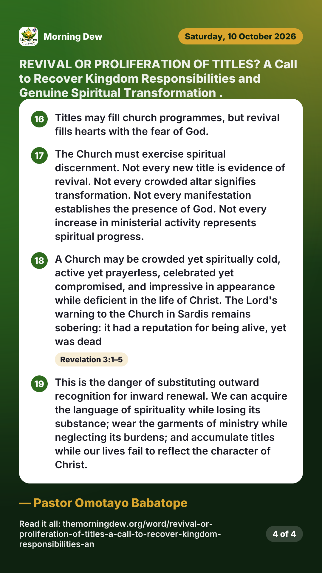 REVIVAL OR PROLIFERATION OF TITLES? A Call to Recover Kingdom Responsibilities and Genuine Spiritual Transformation ., picture 4 of 4
