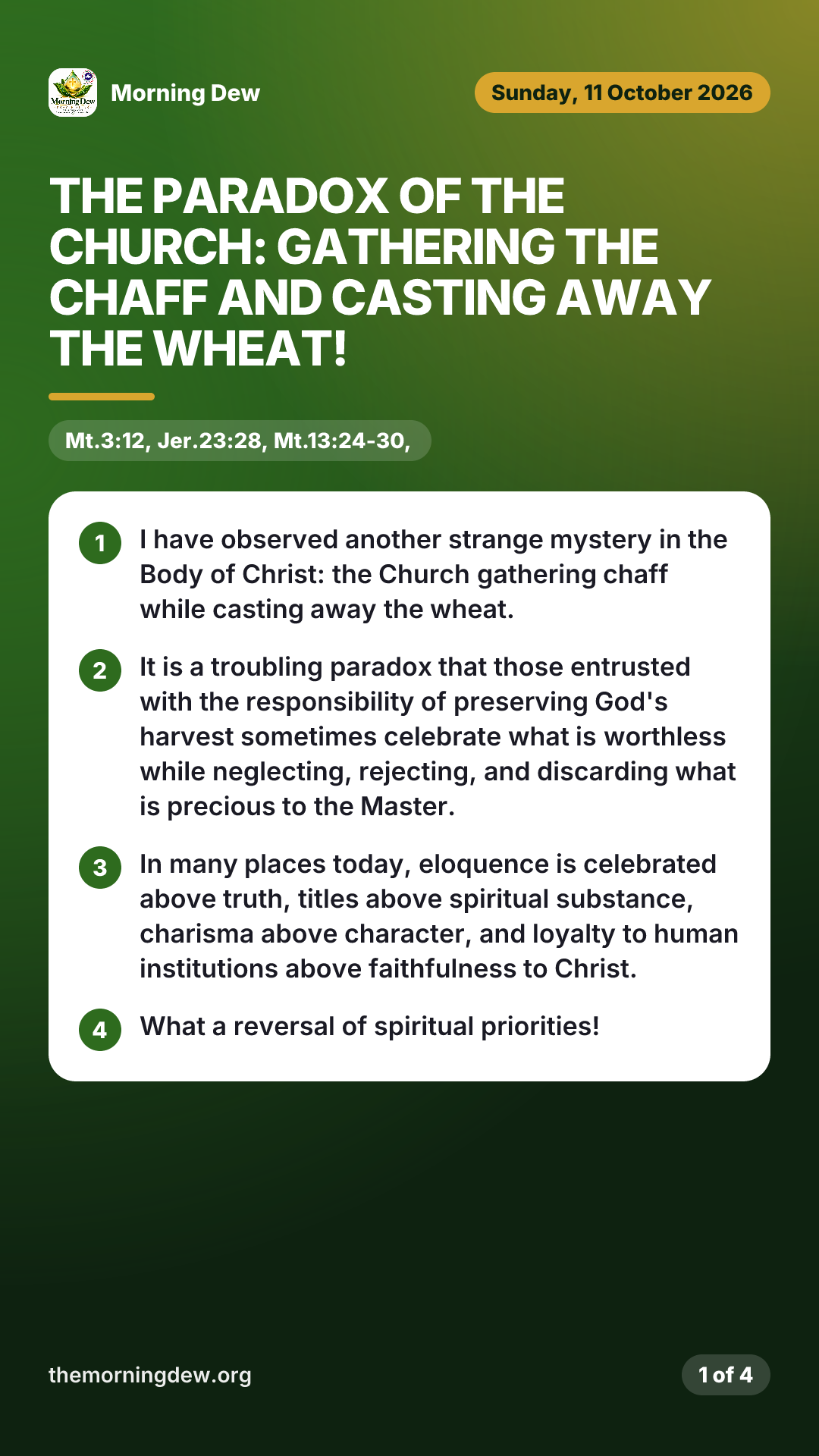 THE PARADOX OF THE CHURCH: GATHERING THE CHAFF AND CASTING AWAY THE WHEAT!, picture 1 of 4
